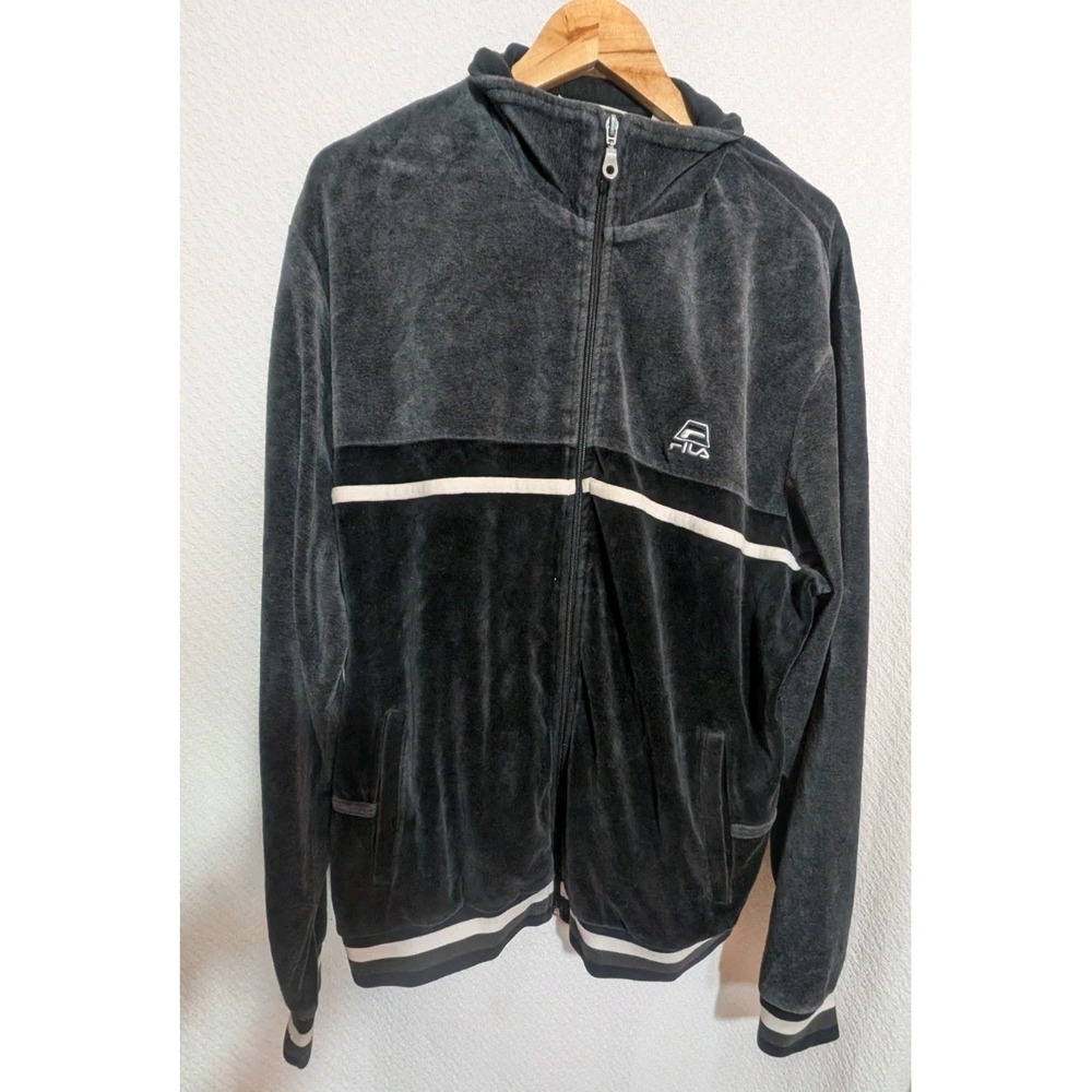 Vintage Fila Track Jacket Mens XL Black Velour Full Zip Tracksuit Sweater Y2K